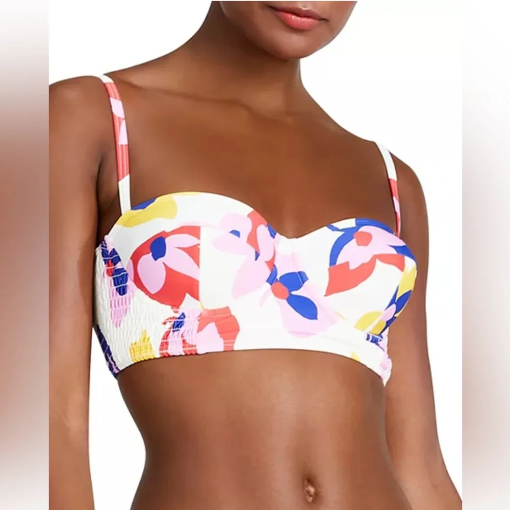 Kate Spade New York Smocked Floral Print Bikini Top, Size XL NEW w/Tag $138